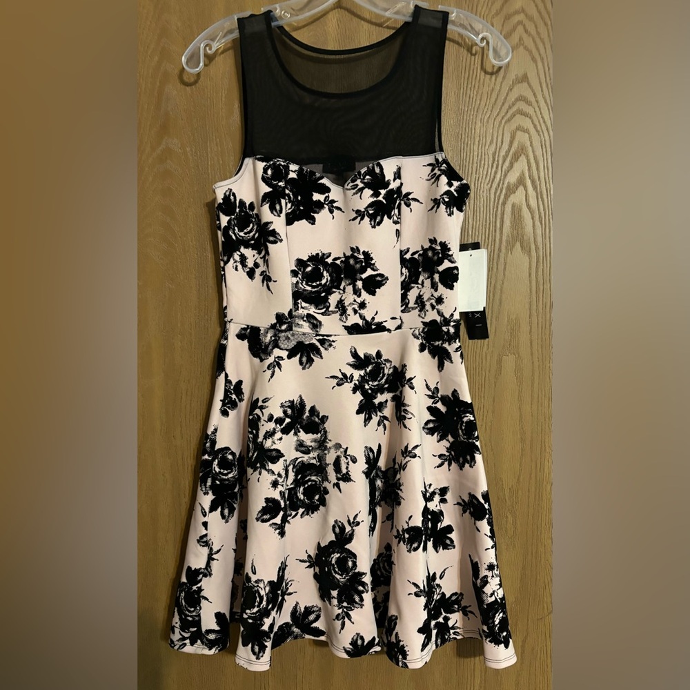 Trixxi Dress Juniors M Mini Pink Floral Textured Mesh Sweetheart Illusion NWT